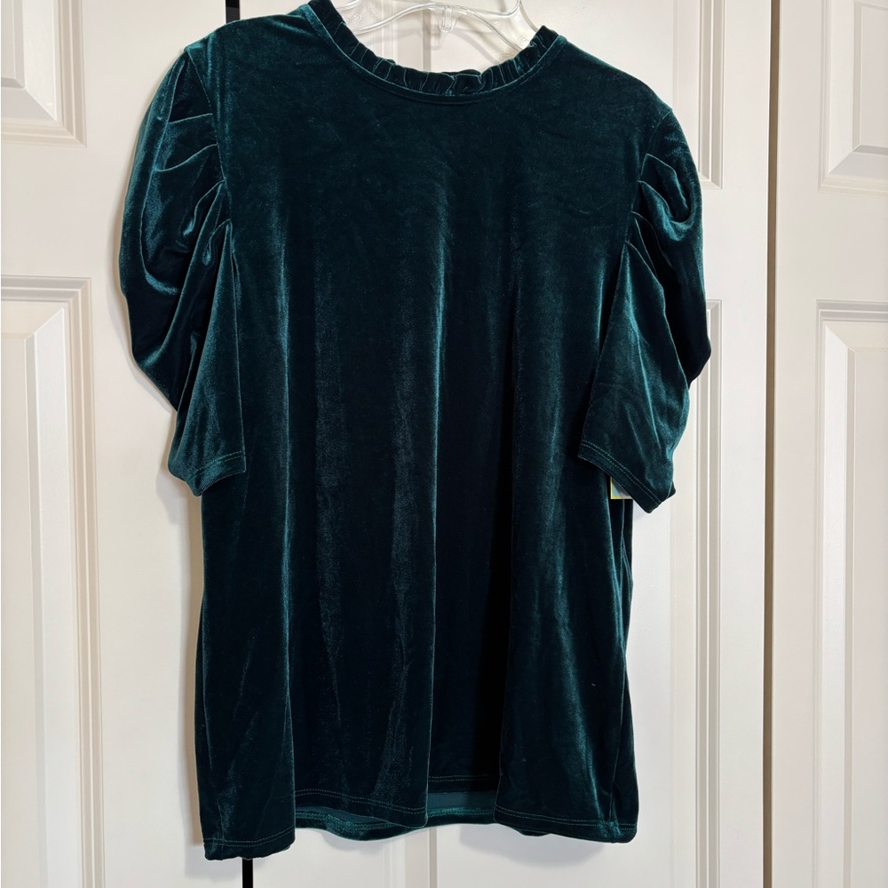 NWT CeCe Velvet Puff Sleeve Blouse - Teal sz L - Picture 5 of 11